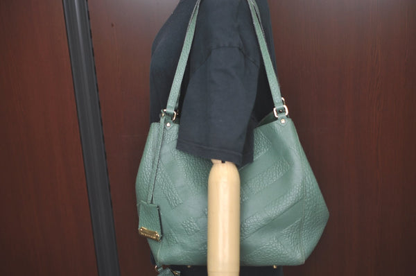 Authentic BURBERRY Vintage Leather Shoulder Tote Bag Green 6980J