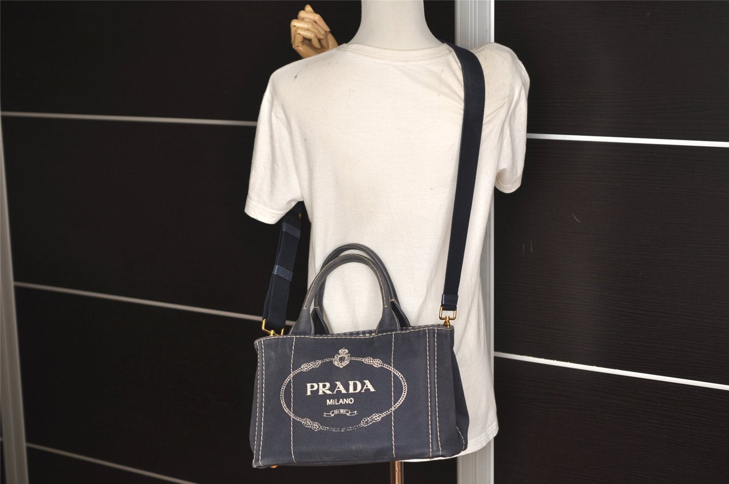 Authentic PRADA CANAPA SS Denim 2Way Shoulder Hand Bag 1BG439 Navy Blue 6984J
