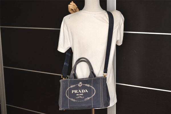 Authentic PRADA CANAPA SS Denim 2Way Shoulder Hand Bag 1BG439 Navy Blue 6984J