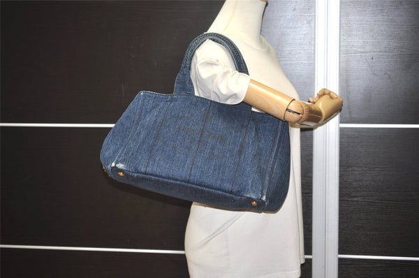 Authentic PRADA Vintage Canapa M Denim Tote Hand Bag Blue 6985I