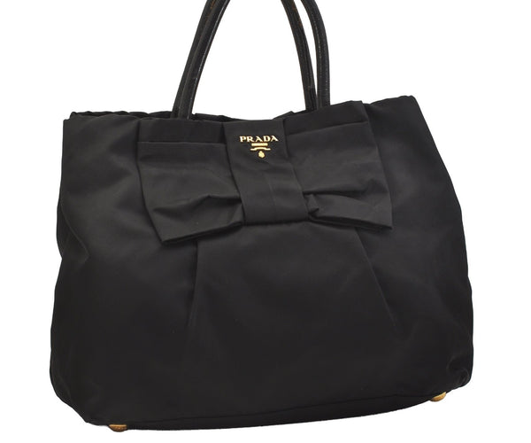 Authentic PRADA Vintage Ribbon Nylon Tessuto Leather Tote Hand Bag Black 6989J