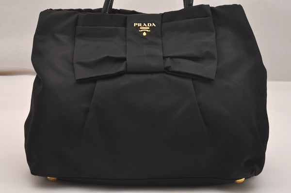 Authentic PRADA Vintage Ribbon Nylon Tessuto Leather Tote Hand Bag Black 6989J