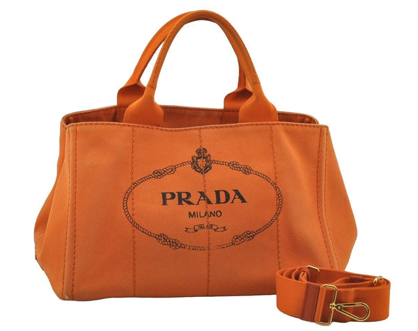 Authentic PRADA Vintage Canapa M Denim 2Way Shoulder Hand Bag Orange 6991J