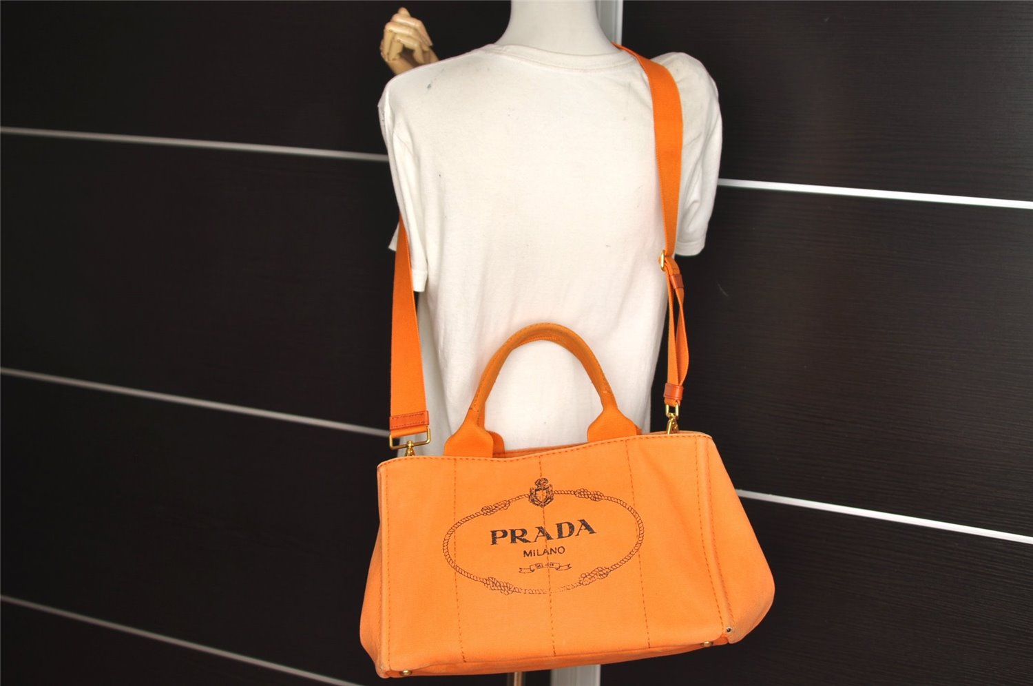 Authentic PRADA Vintage Canapa M Denim 2Way Shoulder Hand Bag Orange 6991J