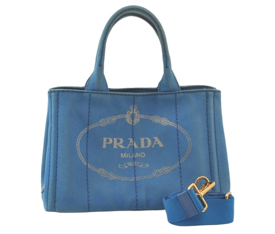 Authentic PRADA Vintage Canapa SS Denim 2Way Shoulder Hand Bag Purse Blue 7002K