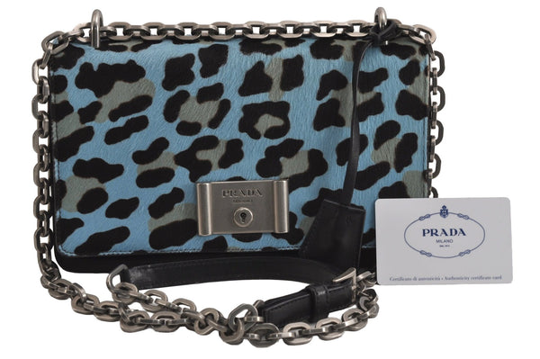 Auth PRADA Tessuto Cavalli Nylon Unborn Calf Shoulder Bag 1BD009 Blue 7004J