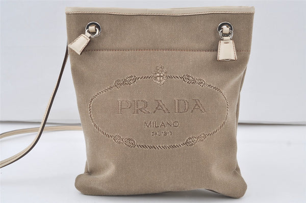 Authentic PRADA LOGO JACQUARD Canvas Leather Shoulder Bag BT0551 Beige 7005K