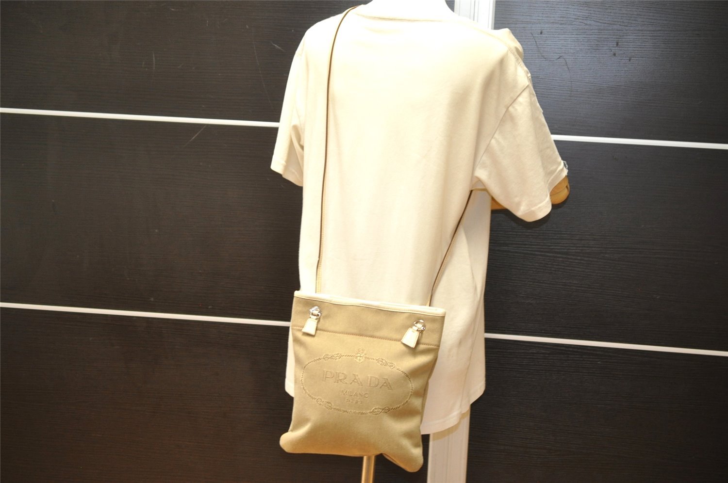 Authentic PRADA LOGO JACQUARD Canvas Leather Shoulder Bag BT0551 Beige 7005K