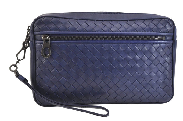 Authentic BOTTEGA VENETA Intrecciato Leather Clutch Hand Bag Navy Blue 7007K