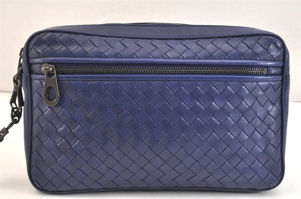 Authentic BOTTEGA VENETA Intrecciato Leather Clutch Hand Bag Navy Blue 7007K