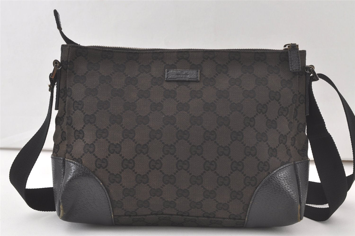 Authentic GUCCI Shoulder Cross Body Bag GG Canvas Leather 114273 Black 7010K