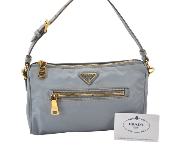 Auth PRADA TESSUTO + CALF Nylon Leather Shoulder Bag BN1834 Light Blue 7016K