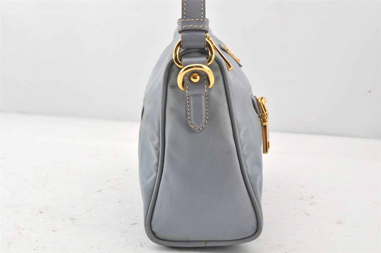 Auth PRADA TESSUTO + CALF Nylon Leather Shoulder Bag BN1834 Light Blue 7016K