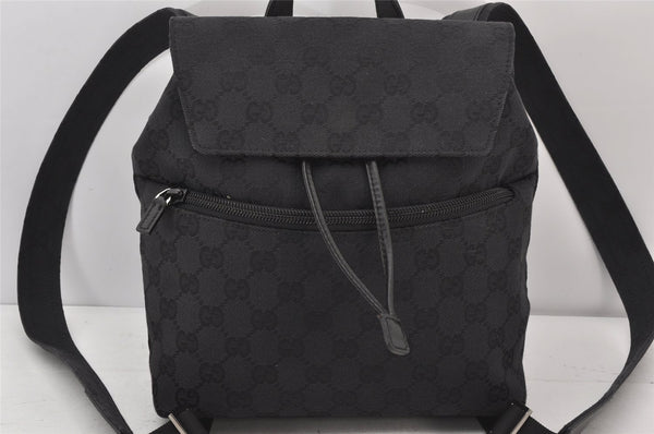 Authentic GUCCI Drawstring Backpack Purse GG Canvas Leather 0030242 Black 7019K