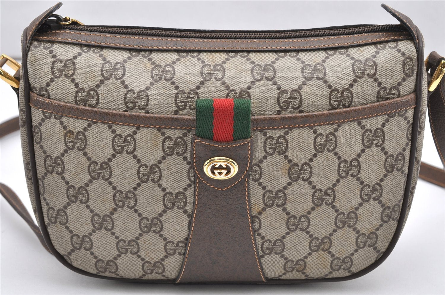 Authentic GUCCI Web Sherry Line Shoulder Bag GG PVC Leather Brown Junk 7020K