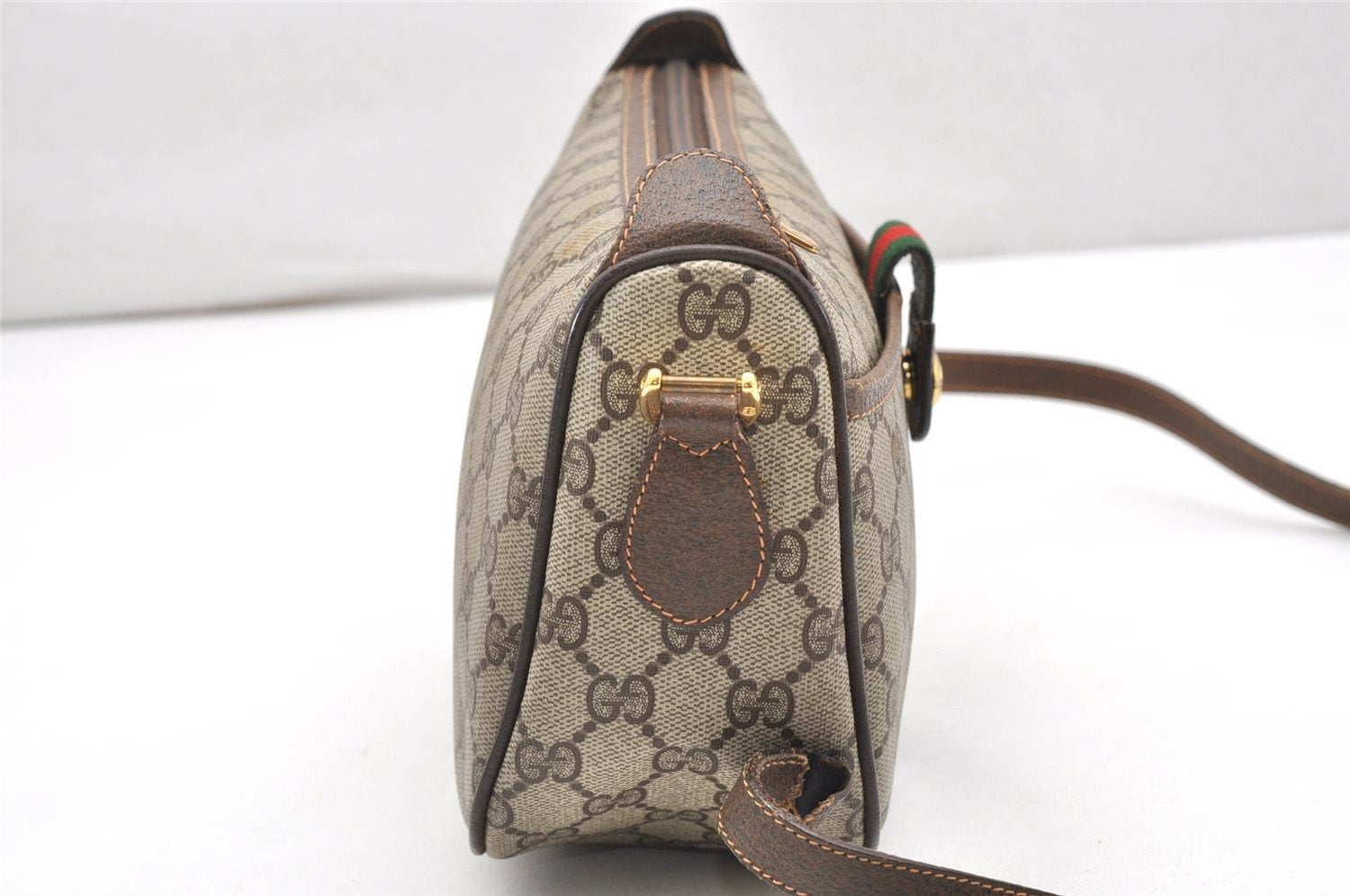 Authentic GUCCI Web Sherry Line Shoulder Bag GG PVC Leather Brown Junk 7020K