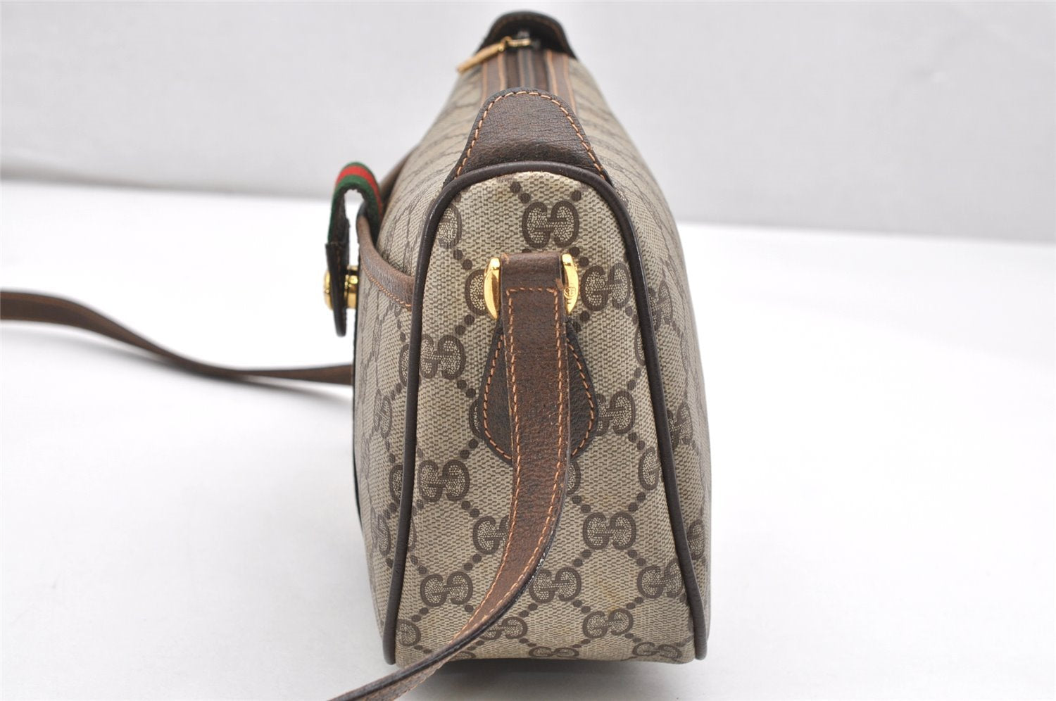 Authentic GUCCI Web Sherry Line Shoulder Bag GG PVC Leather Brown Junk 7020K