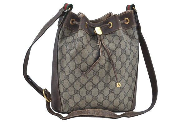 Authentic GUCCI Web Sherry Line Drawstring Bag GG PVC Leather Brown Junk 7024F