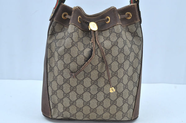 Authentic GUCCI Web Sherry Line Drawstring Bag GG PVC Leather Brown Junk 7024F