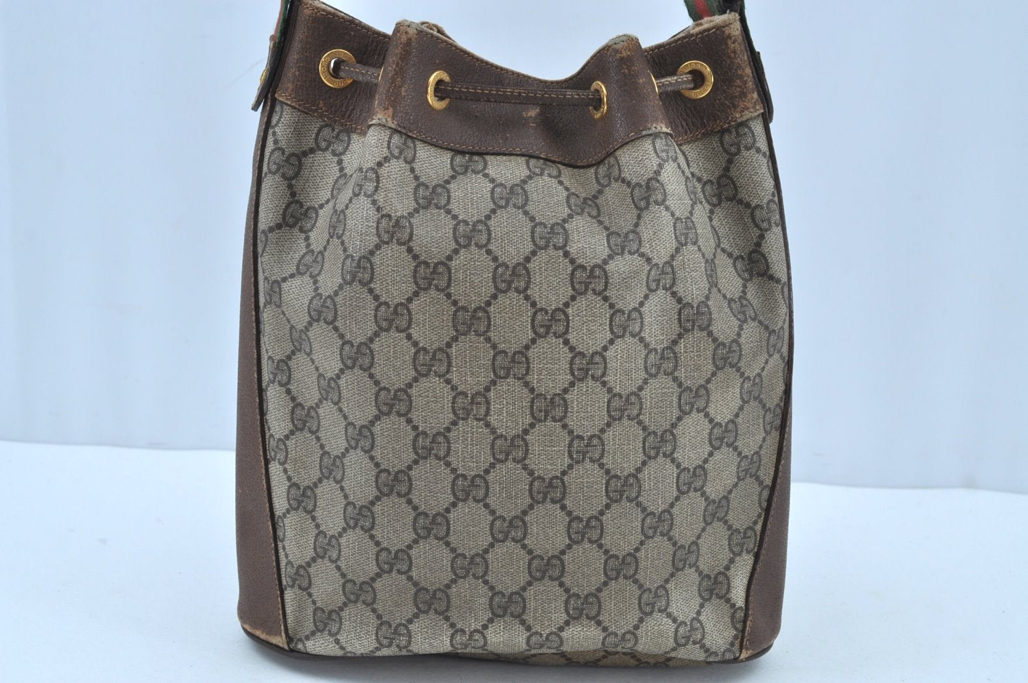 Authentic GUCCI Web Sherry Line Drawstring Bag GG PVC Leather Brown Junk 7024F