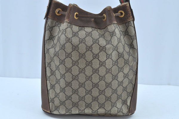 Authentic GUCCI Web Sherry Line Drawstring Bag GG PVC Leather Brown Junk 7024F