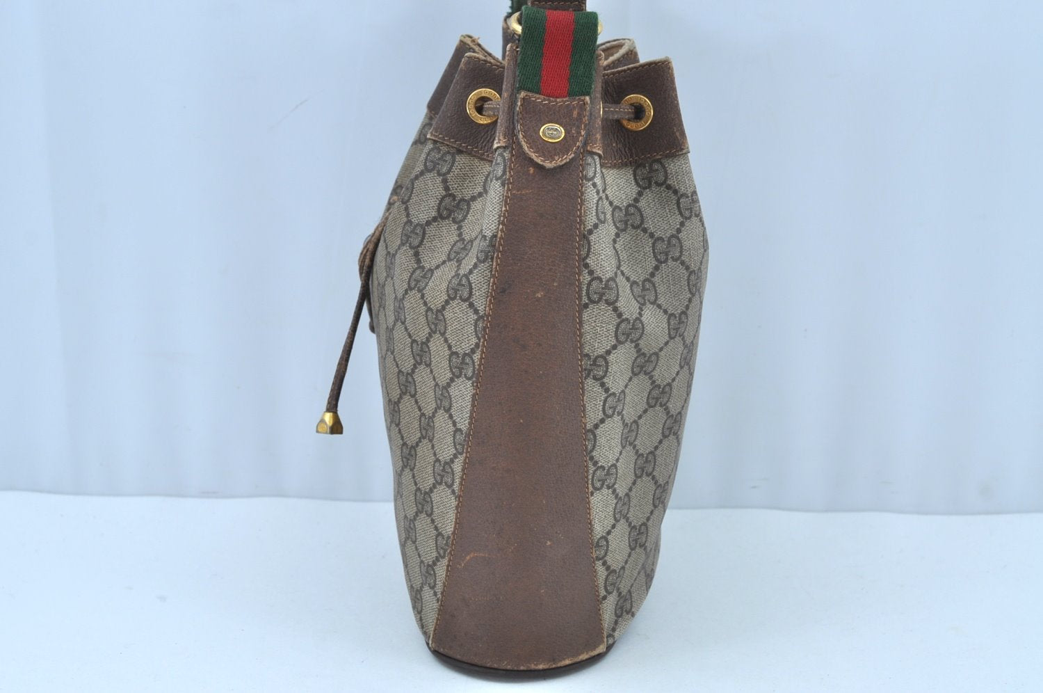 Authentic GUCCI Web Sherry Line Drawstring Bag GG PVC Leather Brown Junk 7024F