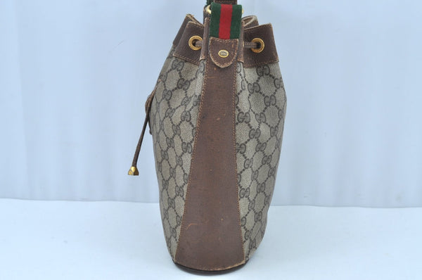 Authentic GUCCI Web Sherry Line Drawstring Bag GG PVC Leather Brown Junk 7024F