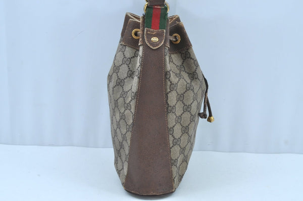 Authentic GUCCI Web Sherry Line Drawstring Bag GG PVC Leather Brown Junk 7024F
