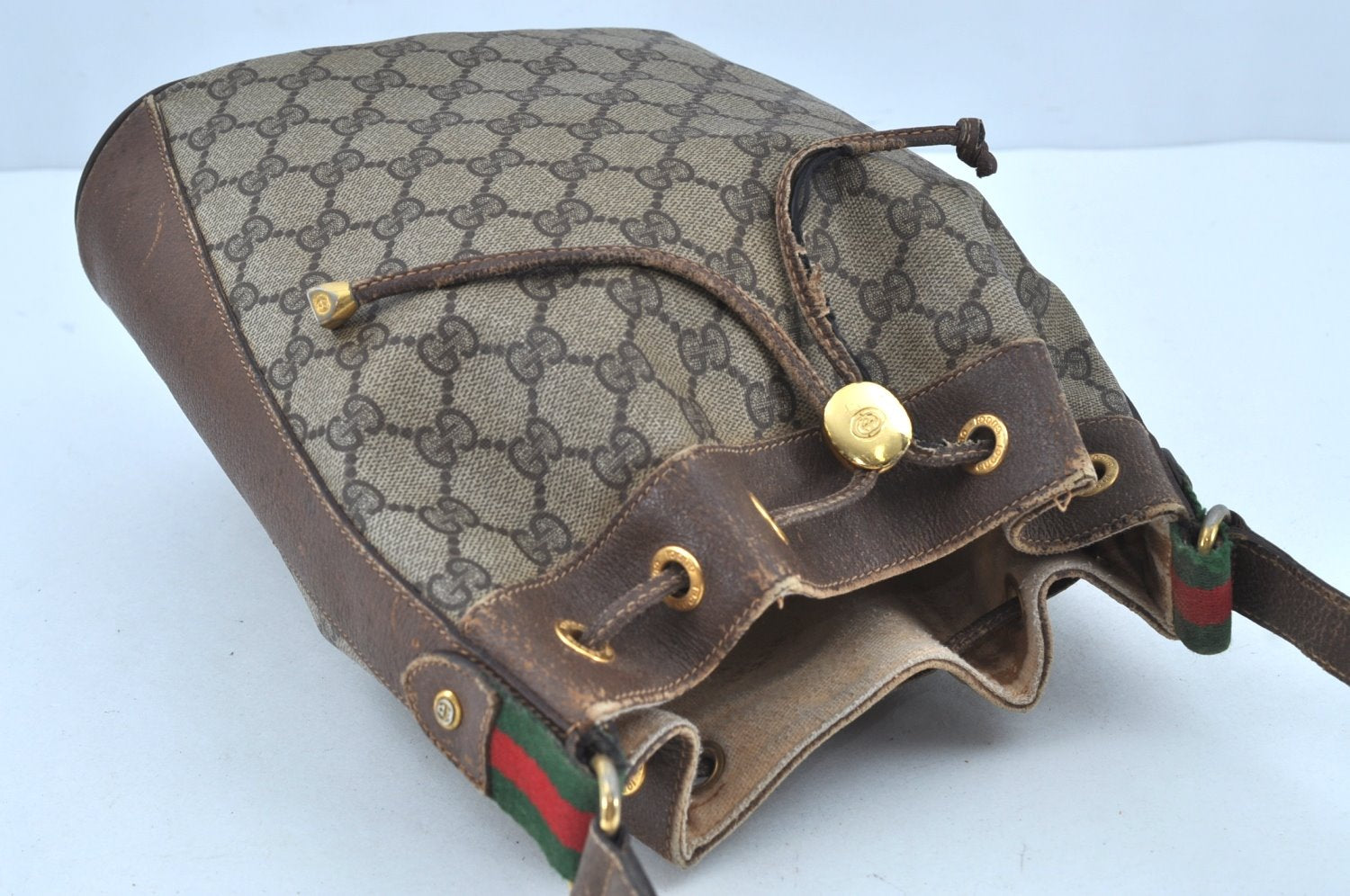 Authentic GUCCI Web Sherry Line Drawstring Bag GG PVC Leather Brown Junk 7024F