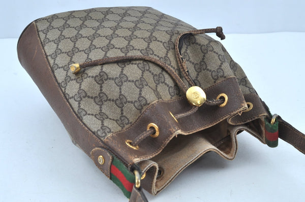 Authentic GUCCI Web Sherry Line Drawstring Bag GG PVC Leather Brown Junk 7024F