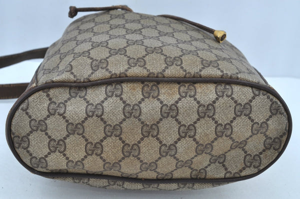 Authentic GUCCI Web Sherry Line Drawstring Bag GG PVC Leather Brown Junk 7024F