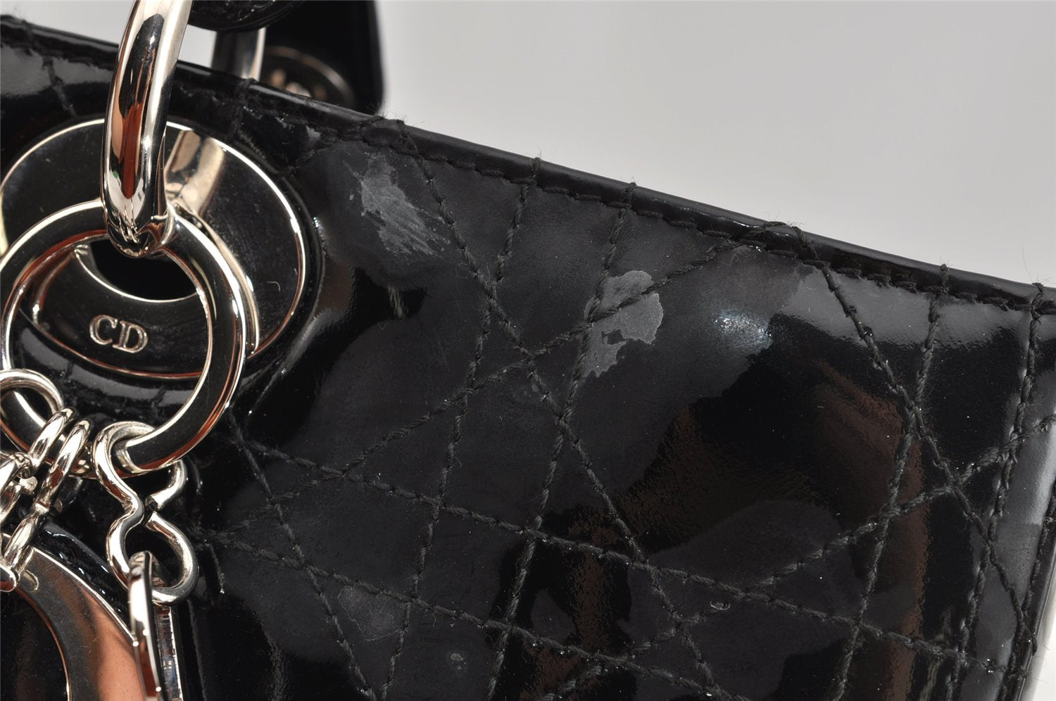 Authentic Christian Dior Diorissimo Cannage Tote Hand Bag Enamel Black CD 7028I