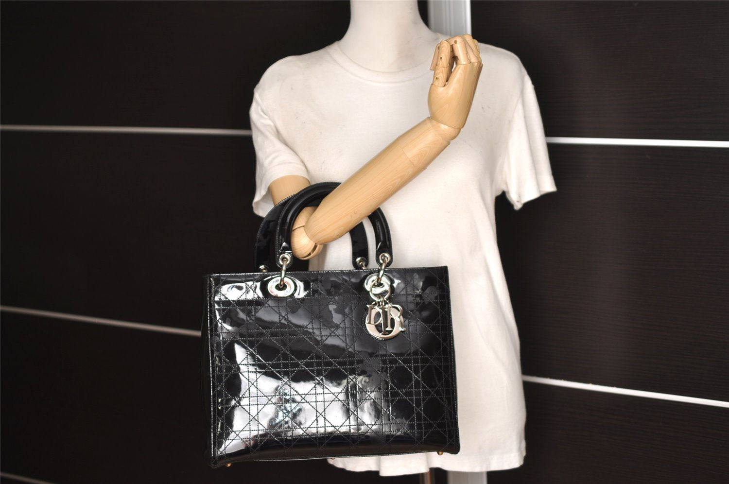 Authentic Christian Dior Diorissimo Cannage Tote Hand Bag Enamel Black CD 7028I