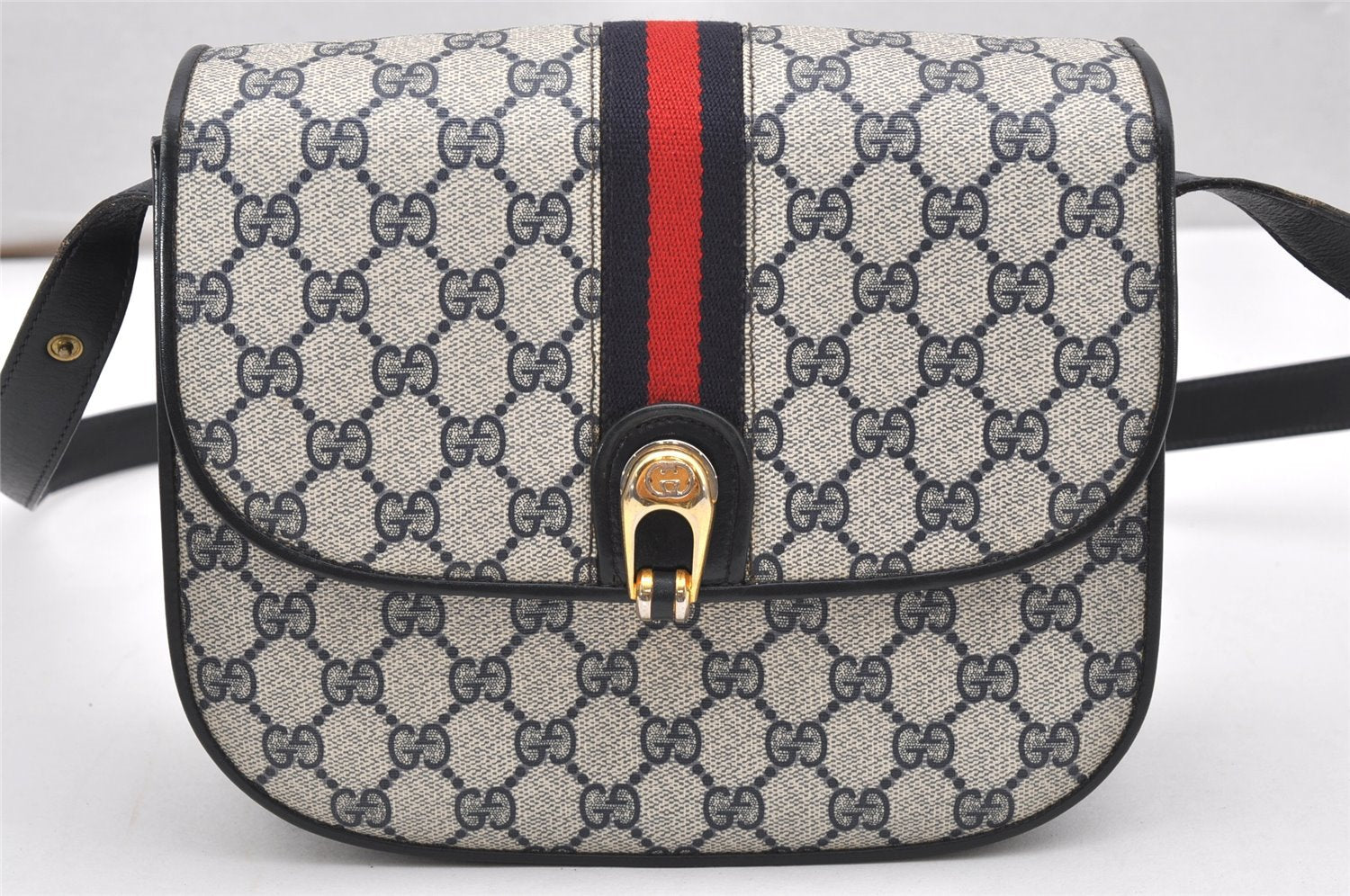 Authentic GUCCI Sherry Line Shoulder Cross Bag GG PVC Leather Navy Blue 7029K