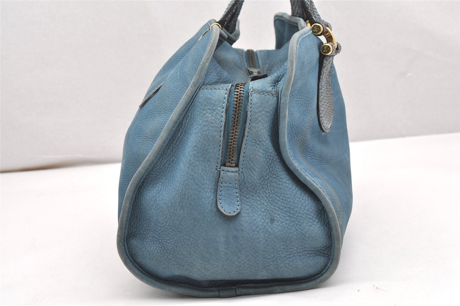 Authentic GUCCI Nubuck Vintage Hand Tote Bag Leather 323657 Blue 7033K