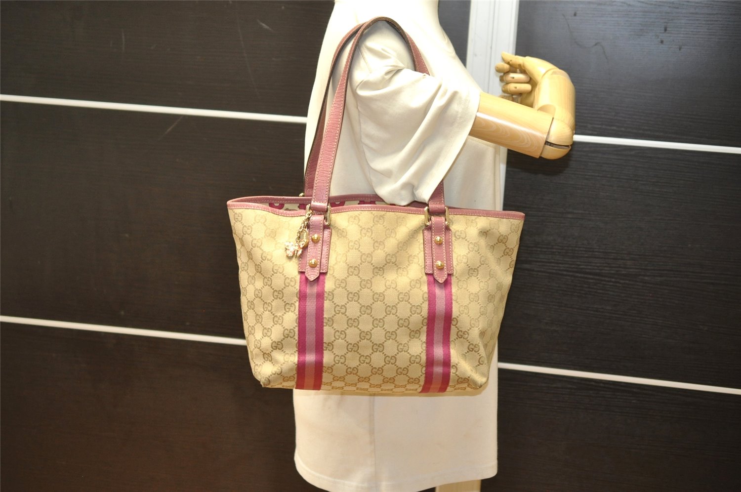 Authentic GUCCI Sherry Line Tote Bag GG Canvas Leather 137396 Beige 7044K