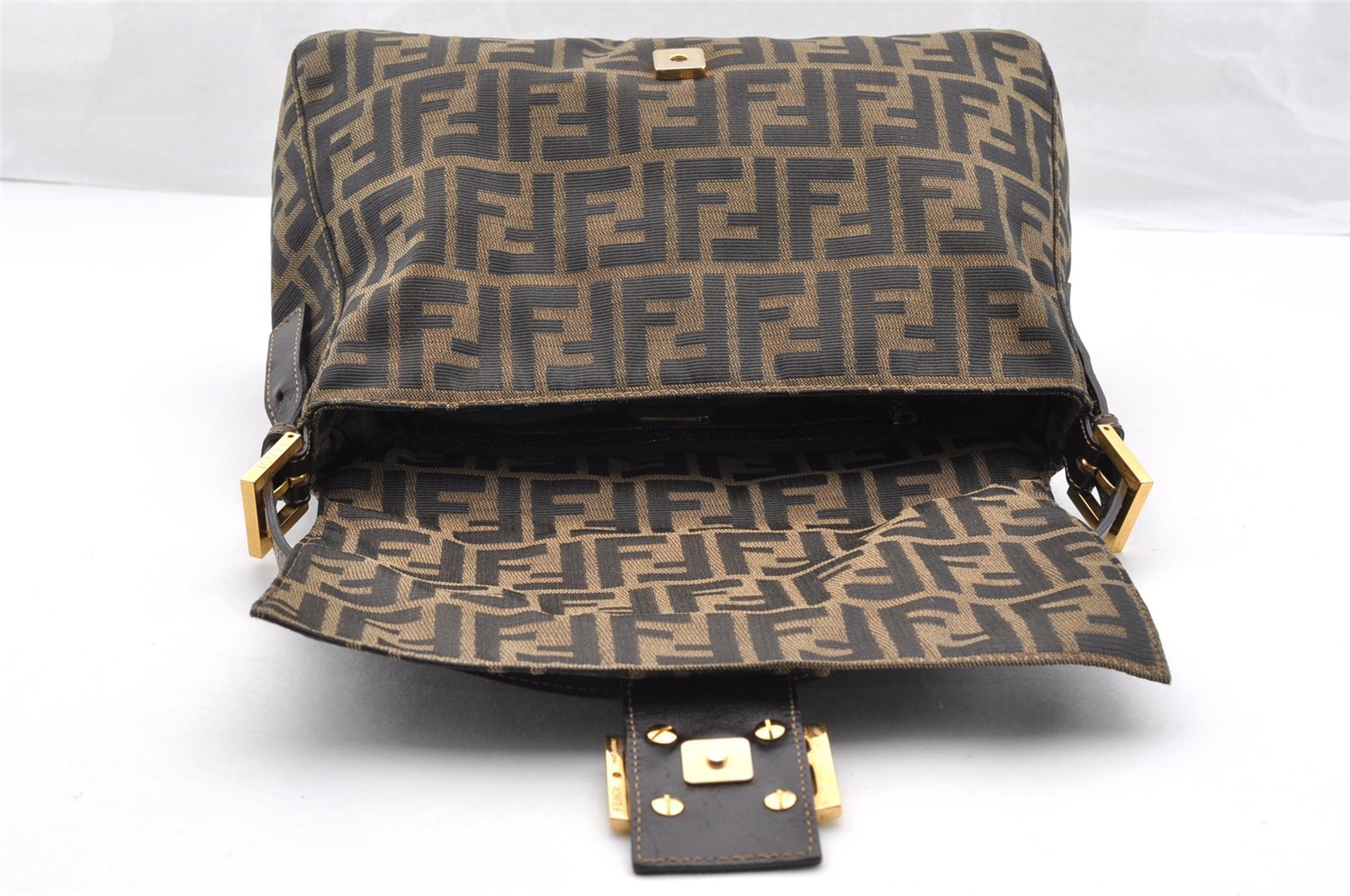 Authentic FENDI Zucca Mamma Baguette Shoulder Bag Canvas Leather Brown 7045I