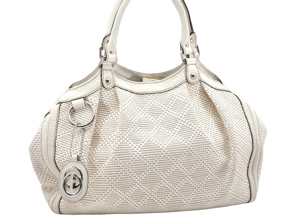 Authentic GUCCI Vintage Diamante Tote Hand Bag Straw Leather 211944 White 7046K