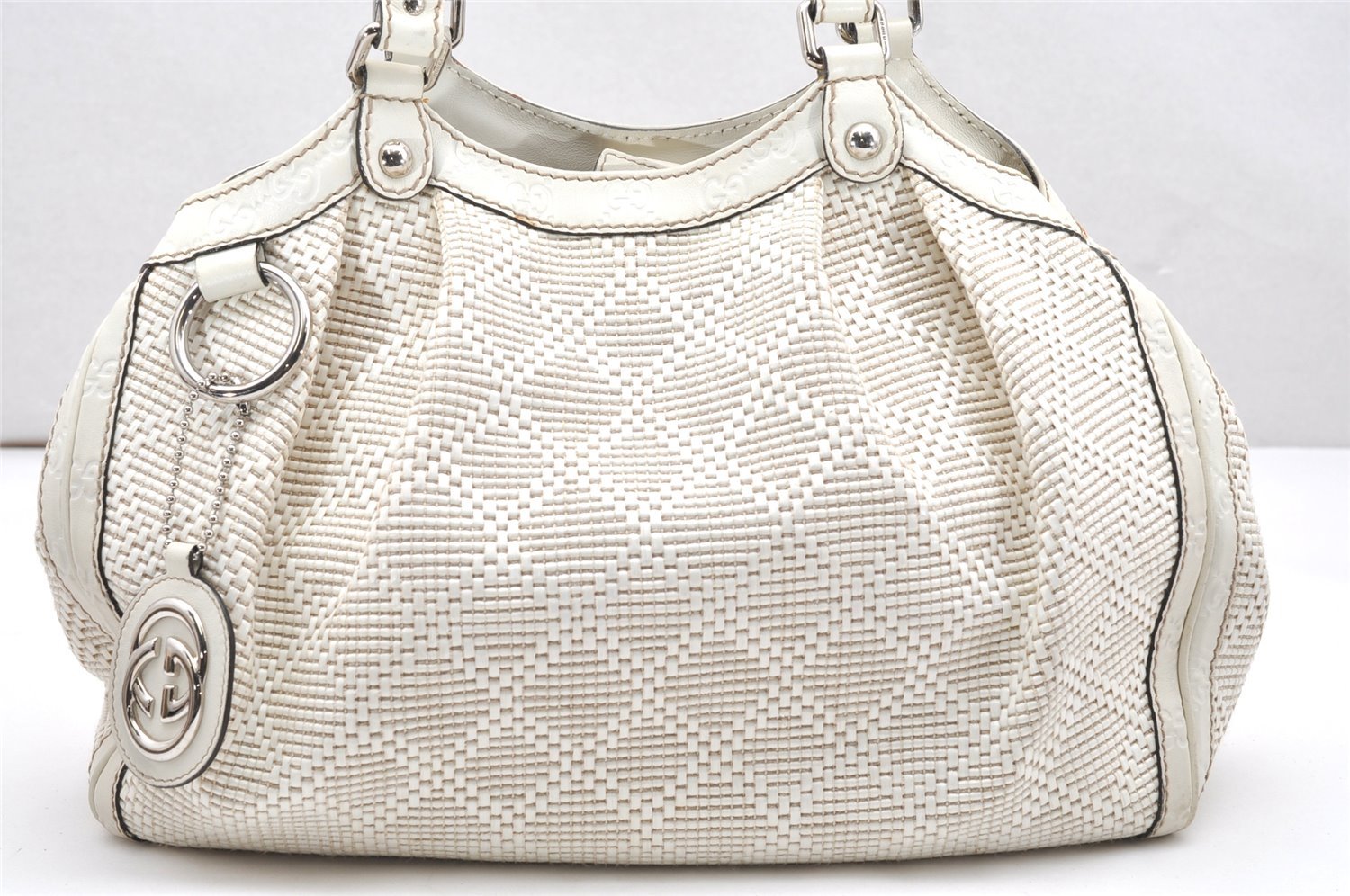 Authentic GUCCI Vintage Diamante Tote Hand Bag Straw Leather 211944 White 7046K