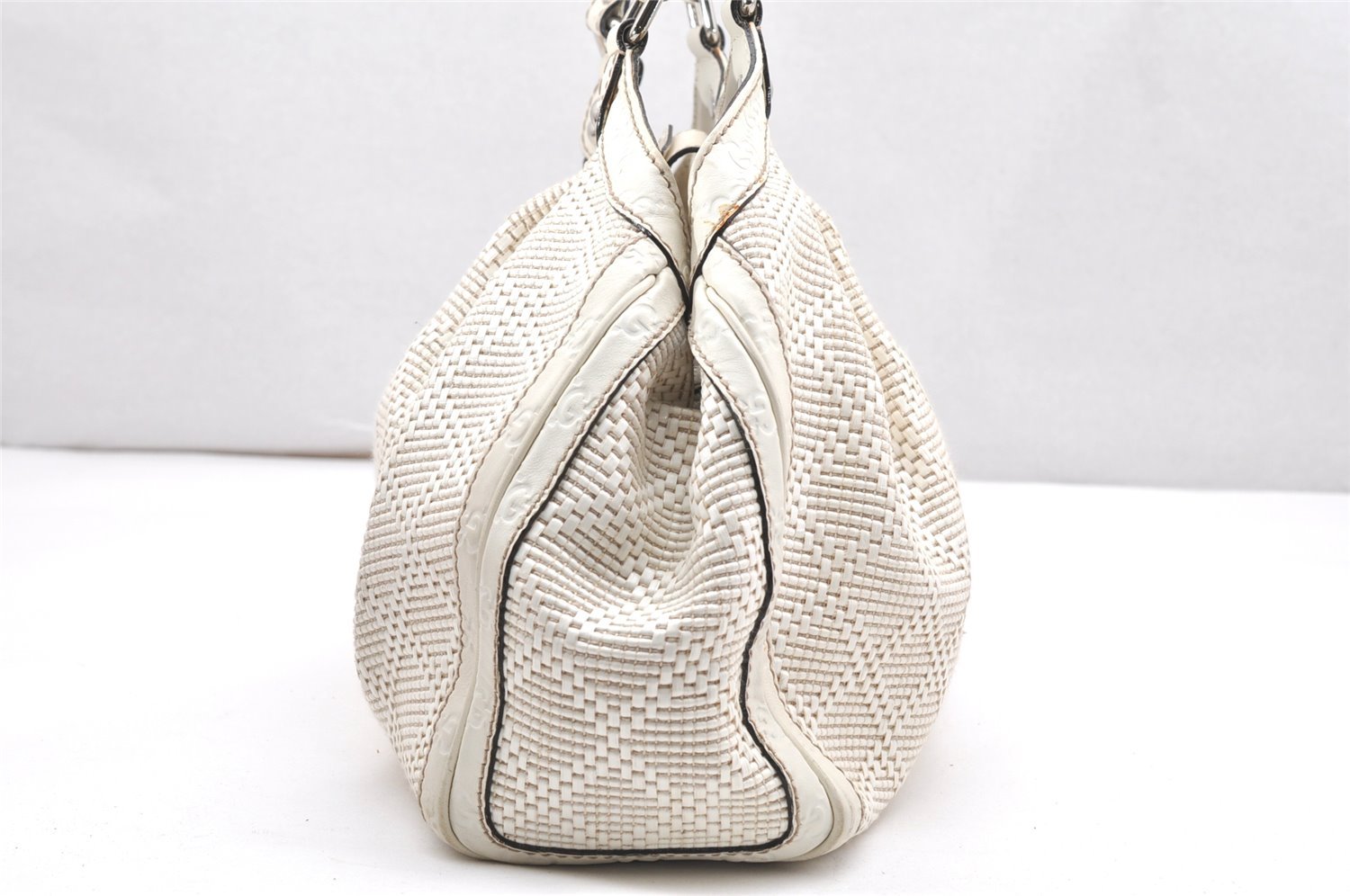 Authentic GUCCI Vintage Diamante Tote Hand Bag Straw Leather 211944 White 7046K