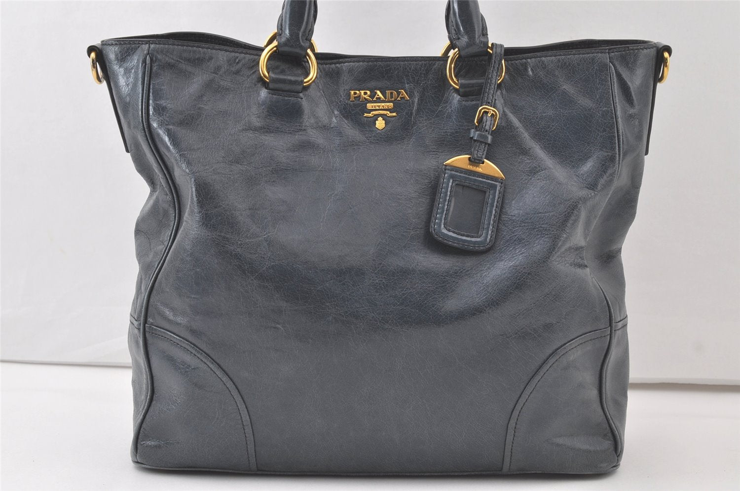 Authentic PRADA Leather Nappa 2Way Shoulder Cross Body Hand Tote Bag Blue 7047K