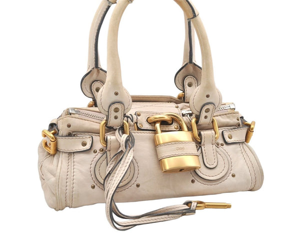 Authentic Chloe Vintage Paddington Leather Shoulder Hand Bag Purse Beige 7050K