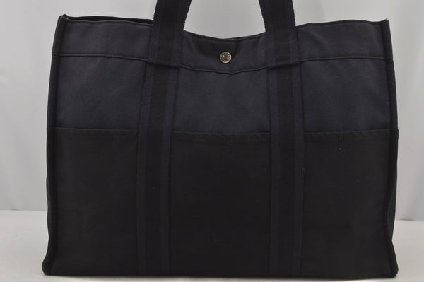 Authentic HERMES Vintage Fourre Tout GM Hand Tote Bag Canvas Navy Black 7055J