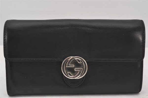 Authentic GUCCI Interlocking G Long Wallet Purse Leather 369663 Black 7058K