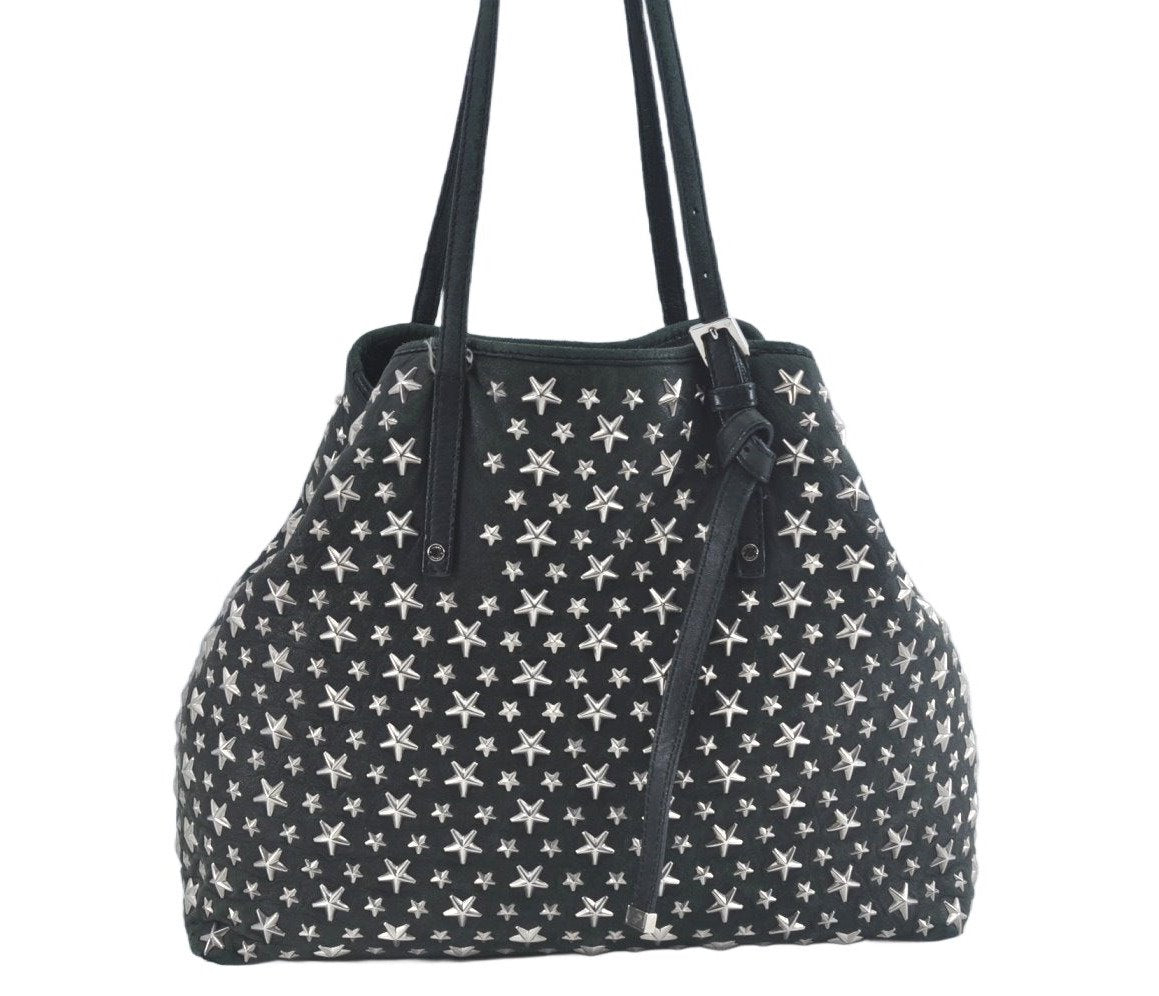 Authentic JIMMY CHOO Vintage Star Studs Leather Shoulder Tote Bag Black 7062K