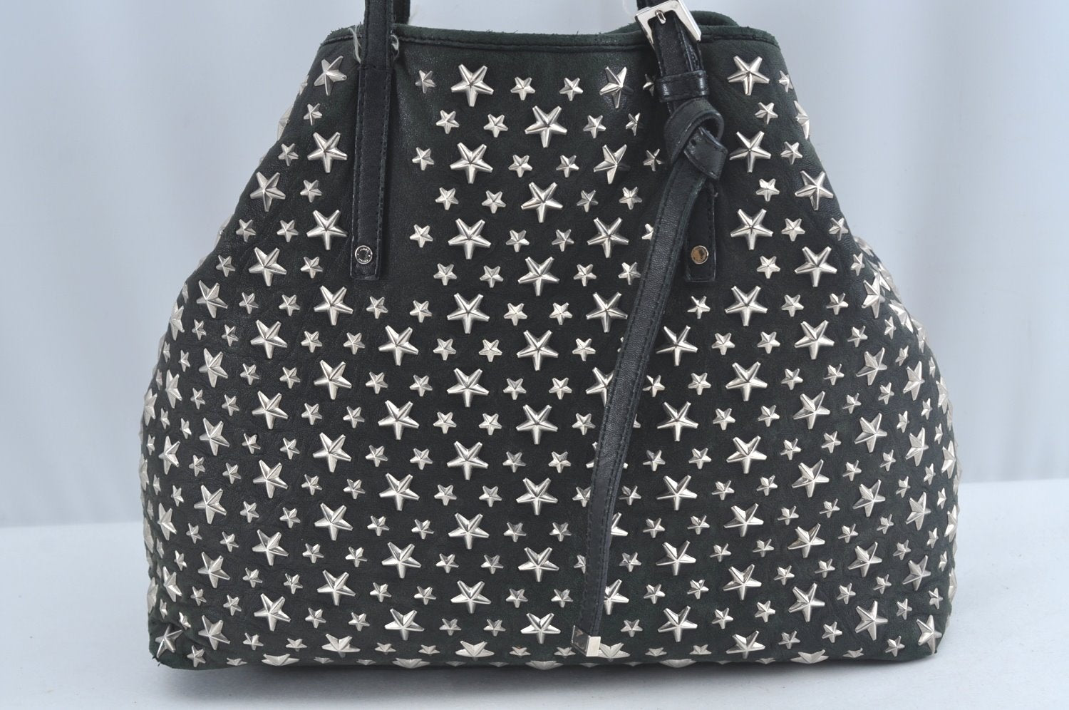 Authentic JIMMY CHOO Vintage Star Studs Leather Shoulder Tote Bag Black 7062K
