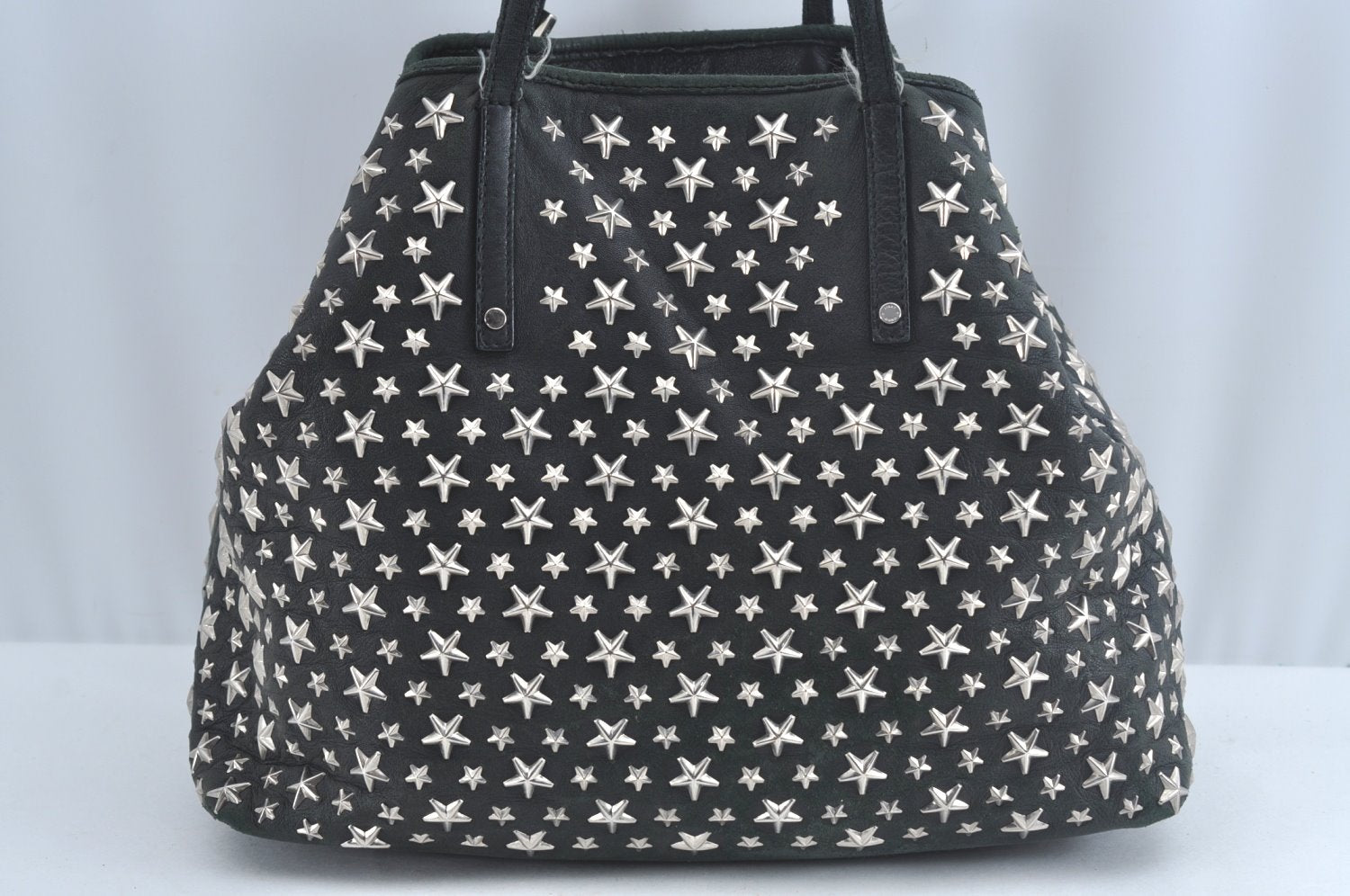 Authentic JIMMY CHOO Vintage Star Studs Leather Shoulder Tote Bag Black 7062K