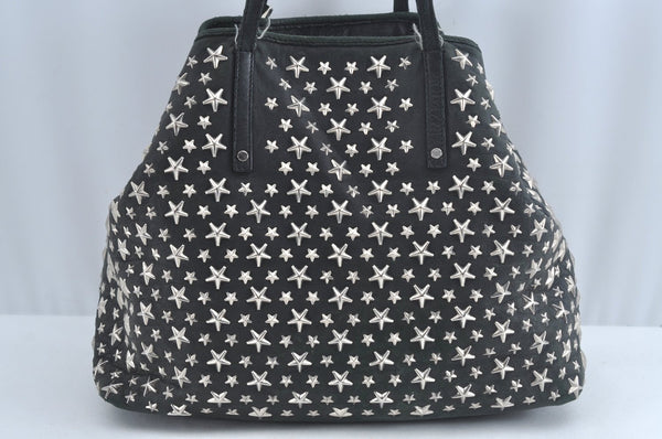 Authentic JIMMY CHOO Vintage Star Studs Leather Shoulder Tote Bag Black 7062K