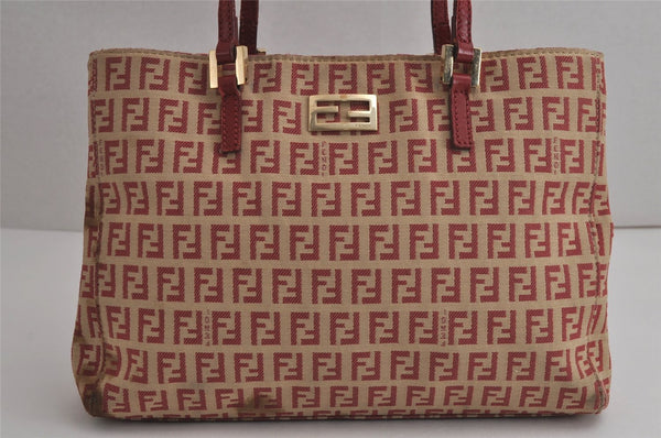 Authentic FENDI Vintage Zucchino Hand Bag Purse Canvas Leather Red 7065J