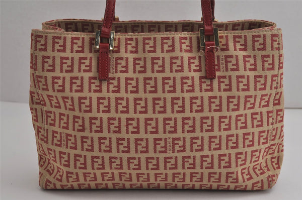 Authentic FENDI Vintage Zucchino Hand Bag Purse Canvas Leather Red 7065J